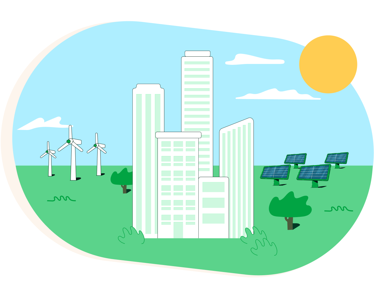 Un grupo de edificios junto con un molinos de viento y unas placas solares bajo un sol brillante