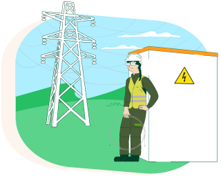 Una operaria de i-DE con casco y unos cables en la mano apoyada en una caseta de i-DE donde descansan unas torres de electricidad