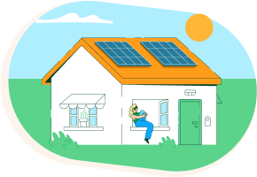 Ilustracion de una mujer sentada en el alfeizar de una ventana de una casa con placas solares